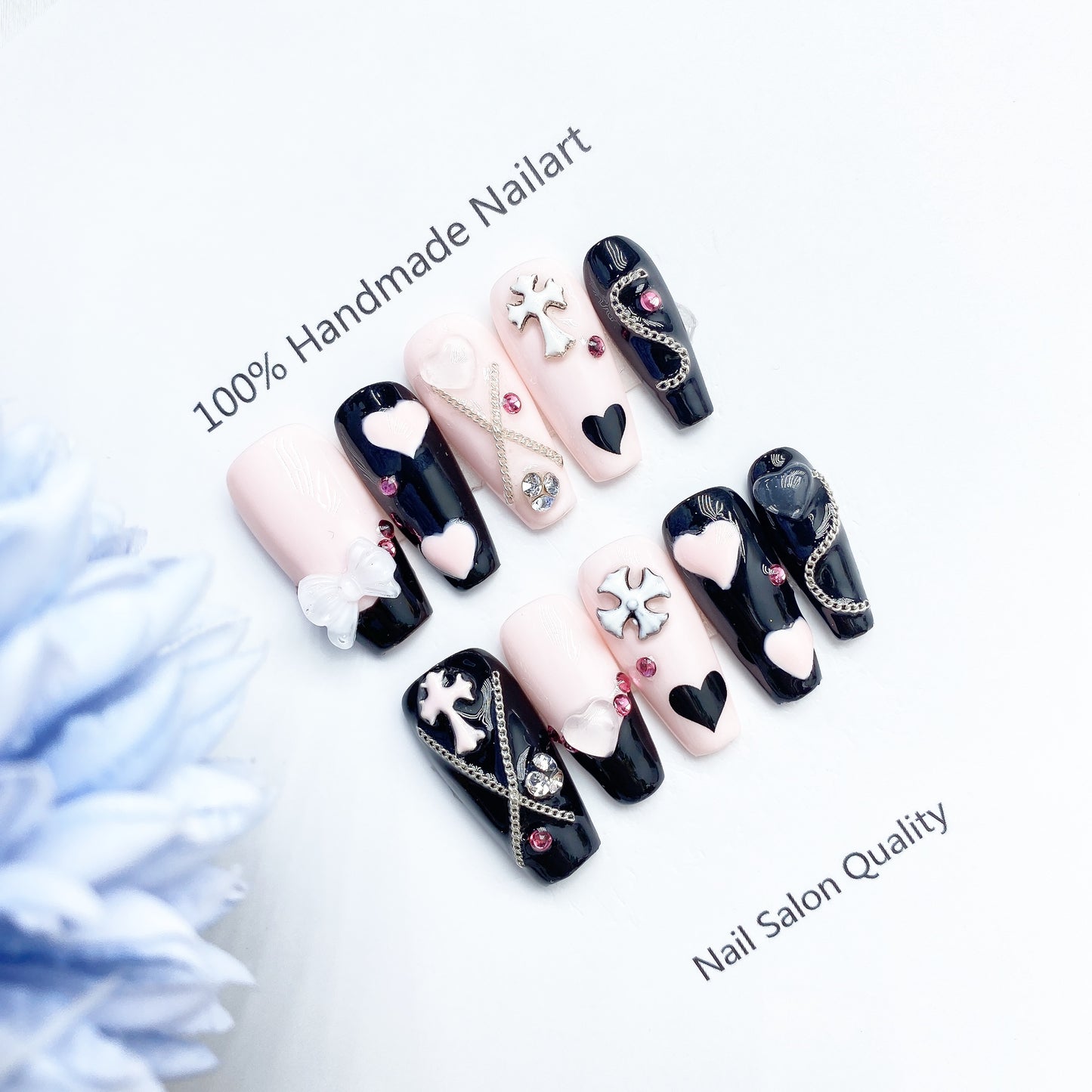 Handmade Nails Press on Nails DIY Nail Art for Woman Girl Nail Design Long Coffin Black Pink 2023