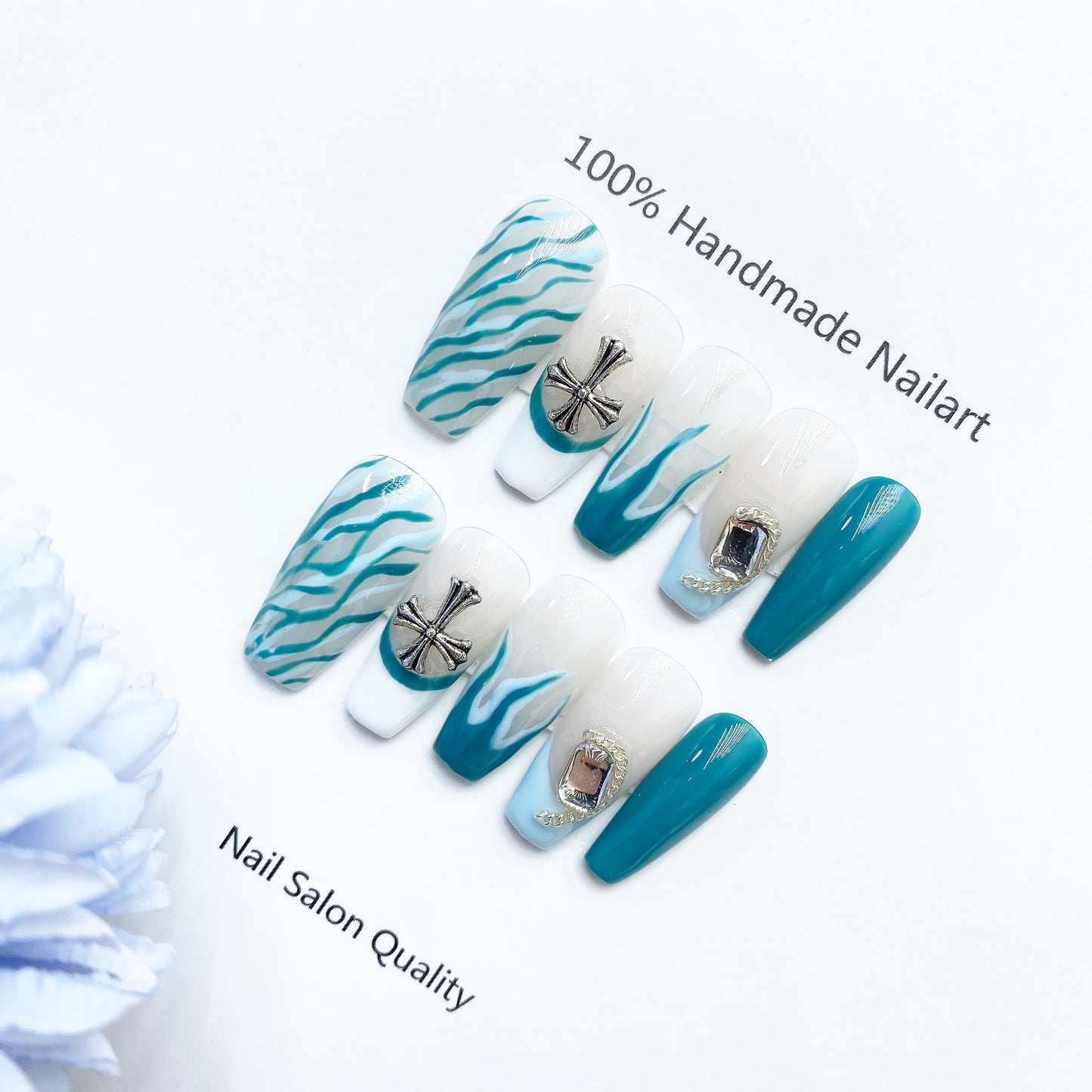 Handmade Nails Press on Nails DIY Nail Art for Woman Girl Nail Design Long Coffin Blue 2023