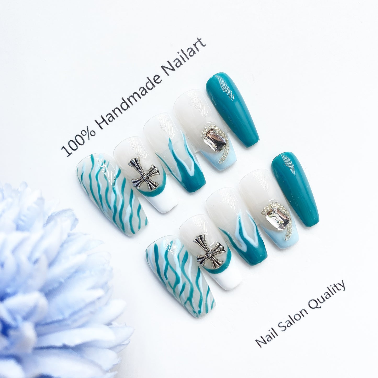 Handmade Nails Press on Nails DIY Nail Art for Woman Girl Nail Design Long Coffin Blue 2023