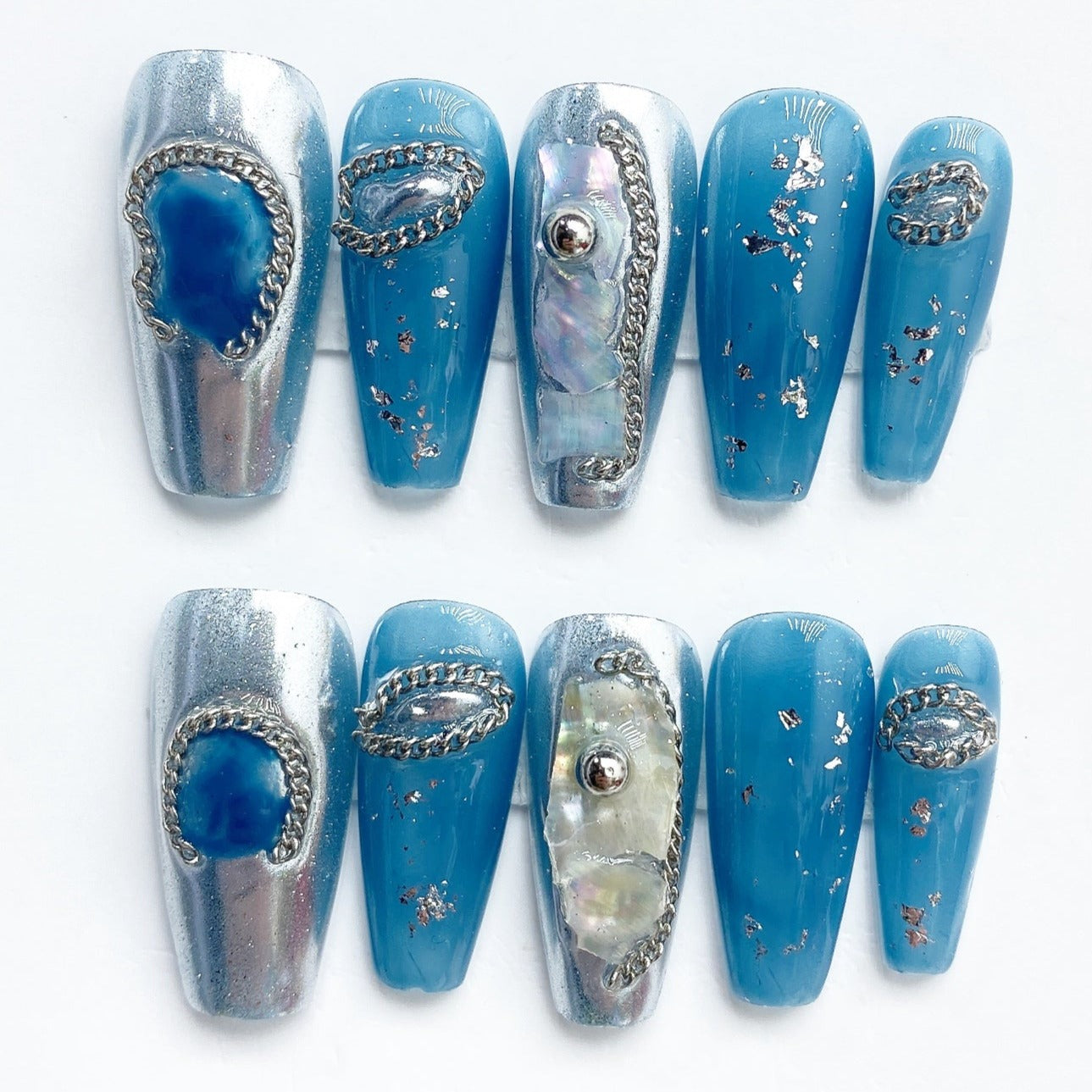 Handmade Nails Press on Nails DIY Nail Art for Woman Girl Nail Design Long Coffin Blue 2023