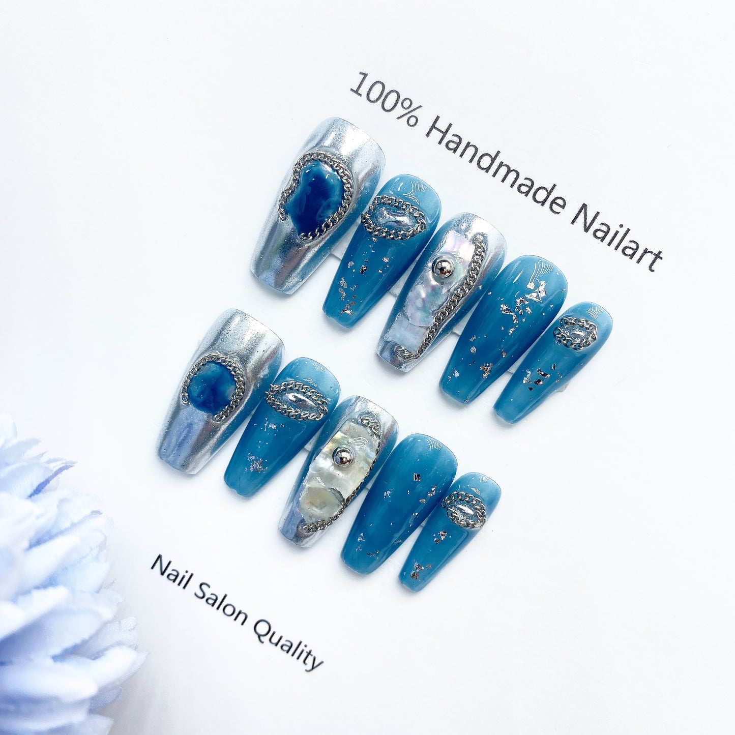 Handmade Nails Press on Nails DIY Nail Art for Woman Girl Nail Design Long Coffin Blue 2023