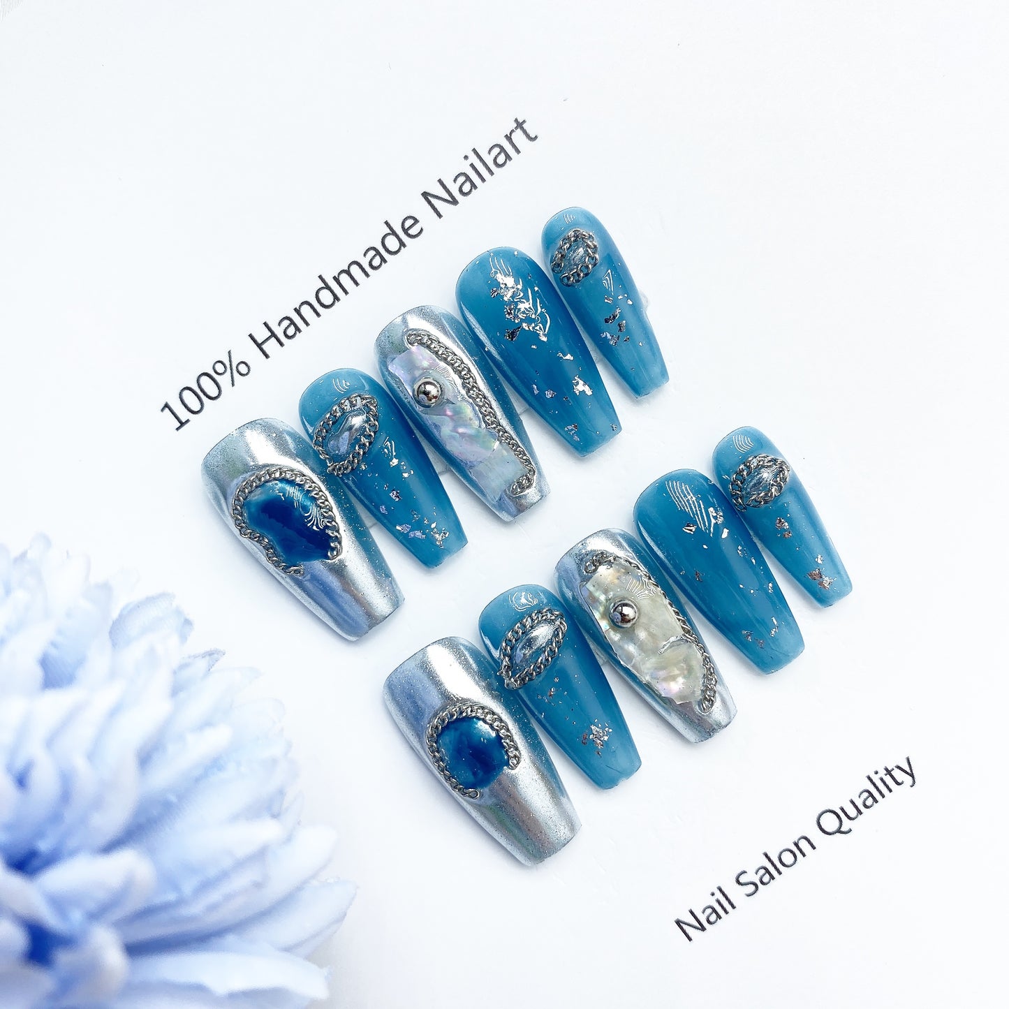 Handmade Nails Press on Nails DIY Nail Art for Woman Girl Nail Design Long Coffin Blue 2023