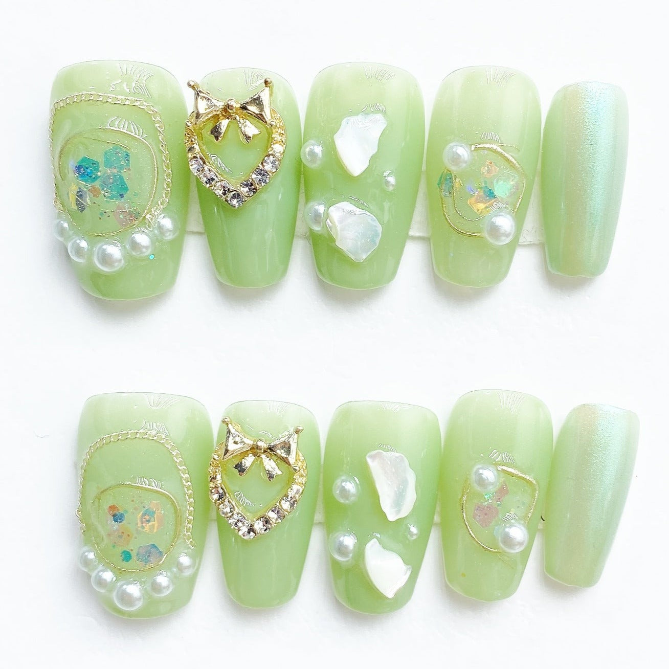 Handmade Nails Press on Nails DIY Nail Art for Woman Girl Nail Design Long Coffin Green 2023