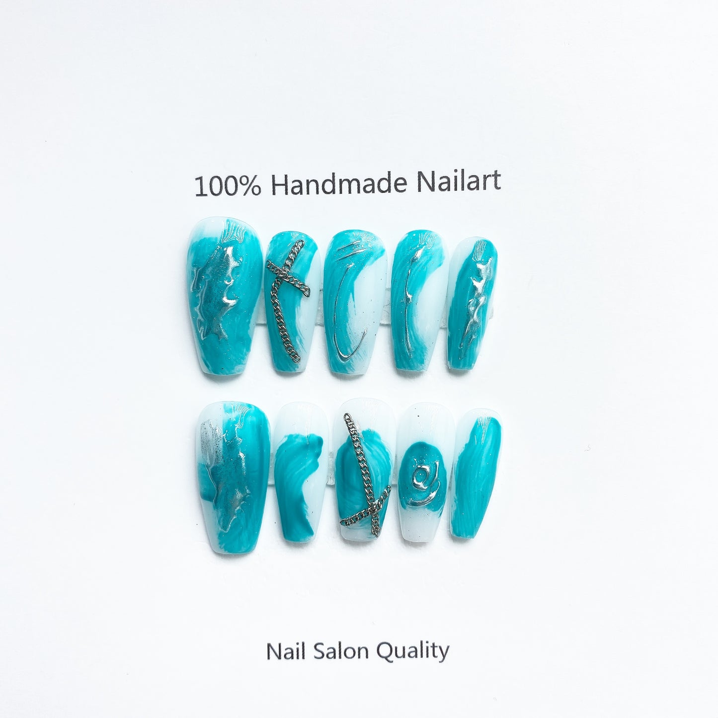 Handmade Nails Press on Nails DIY Nail Art for Woman Girl Nail Design Long Coffin Sky Blue 2023
