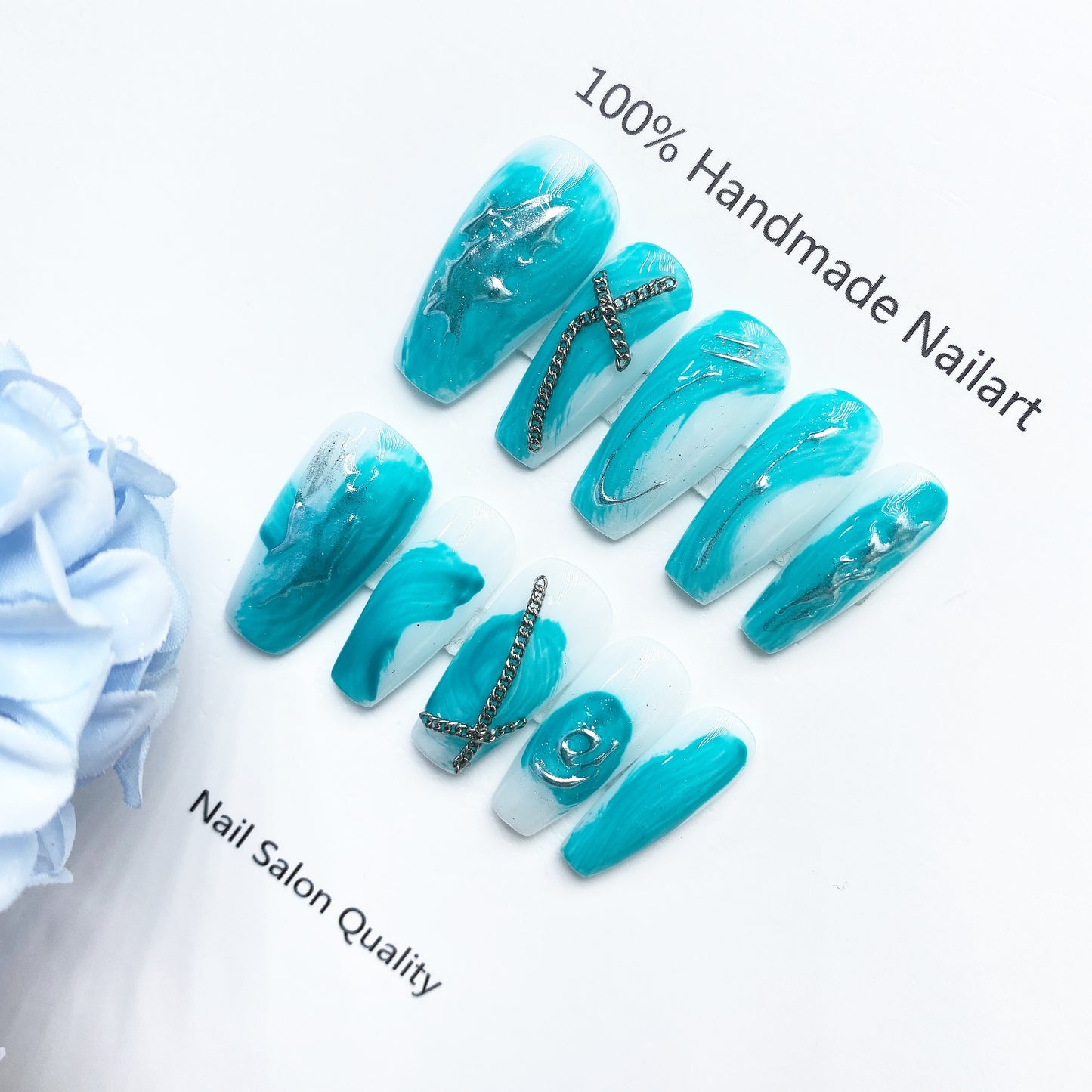 Handmade Nails Press on Nails DIY Nail Art for Woman Girl Nail Design Long Coffin Sky Blue 2023