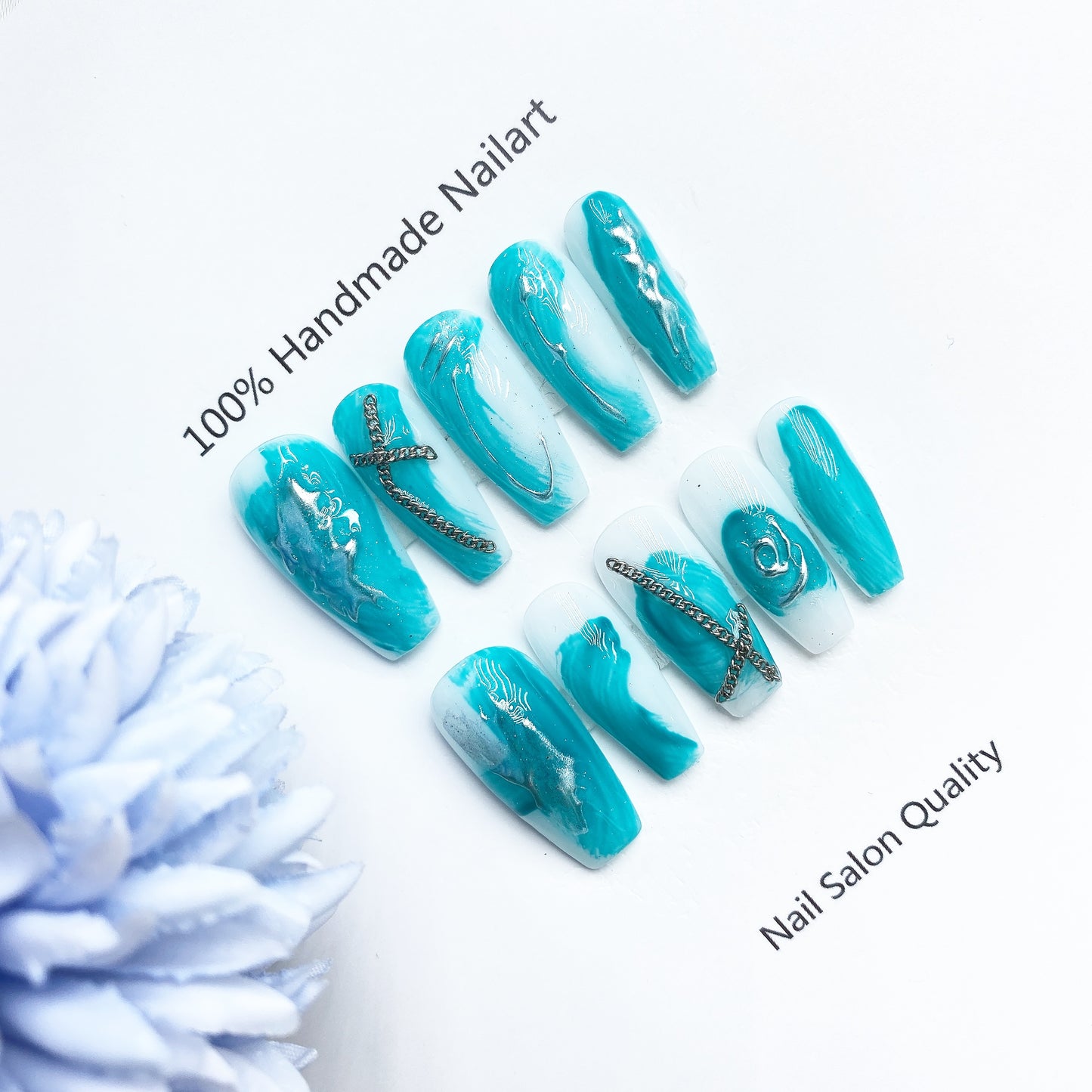Handmade Nails Press on Nails DIY Nail Art for Woman Girl Nail Design Long Coffin Sky Blue 2023