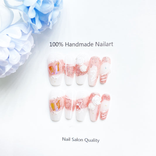Handmade Nails Press on Nails DIY Nail Art for Woman Girl Nail Design Long Coffin Pink White 2023