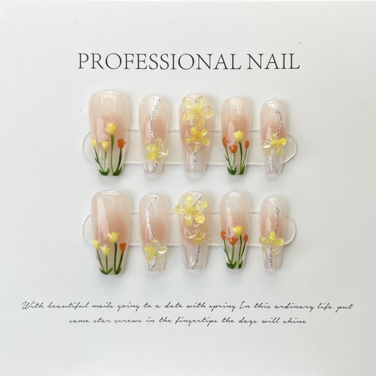 Designer: ManMan Handmade nails Press on Nails DIY Nail Art for woman girl Long Coffin pink