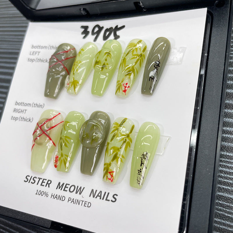 Designer: MeowMeow.Handmade Nail Designs Press on Nails DIY  Nail Art for woman girl Long Coffin green