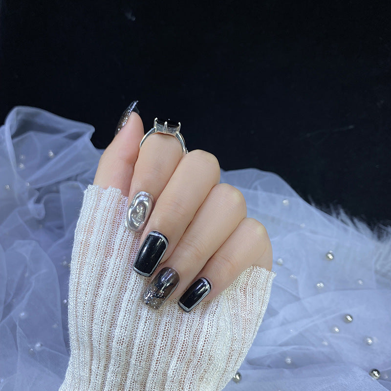 Designer: HuaHua.Handmade nails Press on Nails DIY Nail Art for woman girl Long Square black
