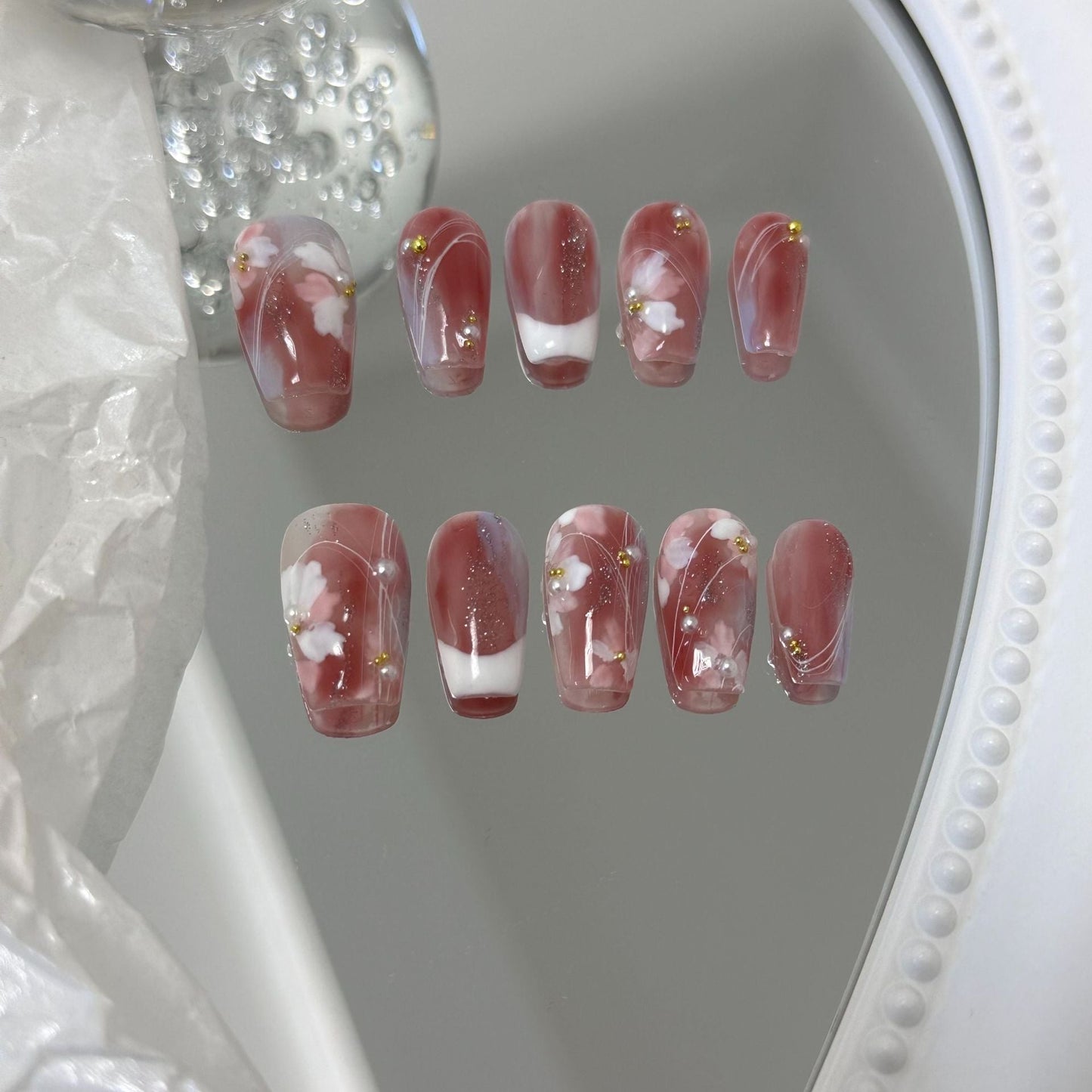 Designer: MaoMao.24178 Handmade Nail Designs Press on Nails DIY  Nail Art for woman girl  Long Coffin pink