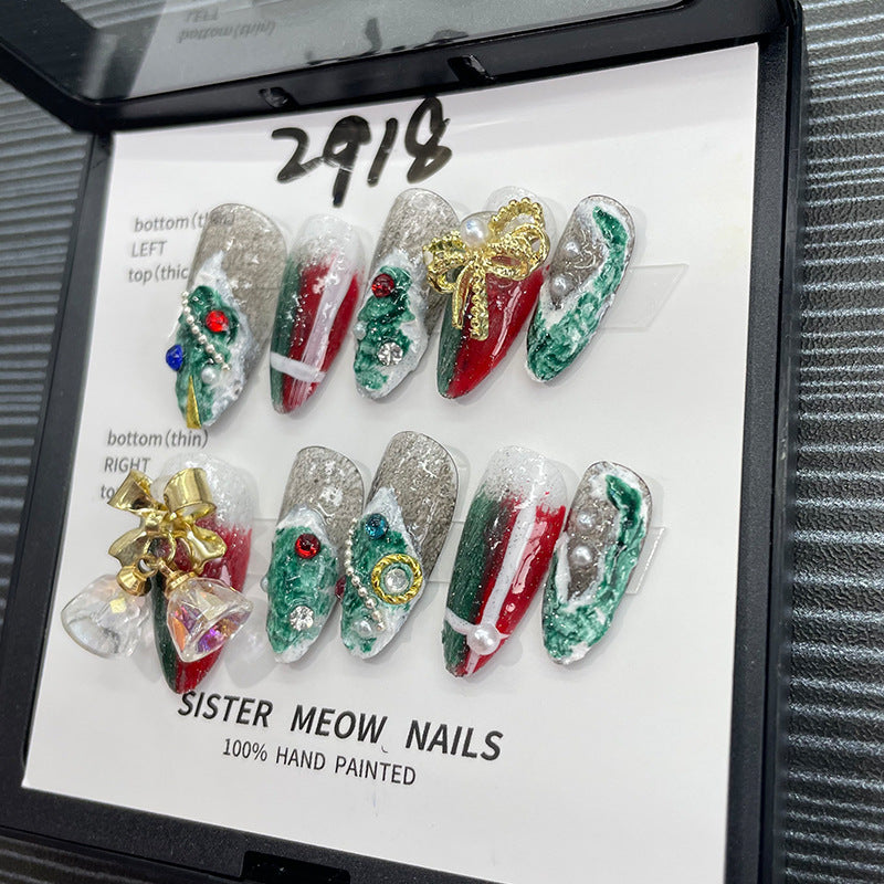 Designer: MeowMeow.Handmade Nail Designs Press on Nails DIY  Nail Art for woman girl Long Coffin green