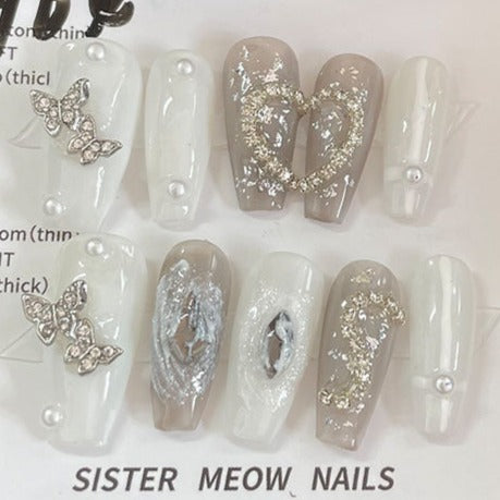 Designer: MeowMeow.Handmade Nail Designs Press on Nails DIY  Nail Art for woman girl Long Coffin white