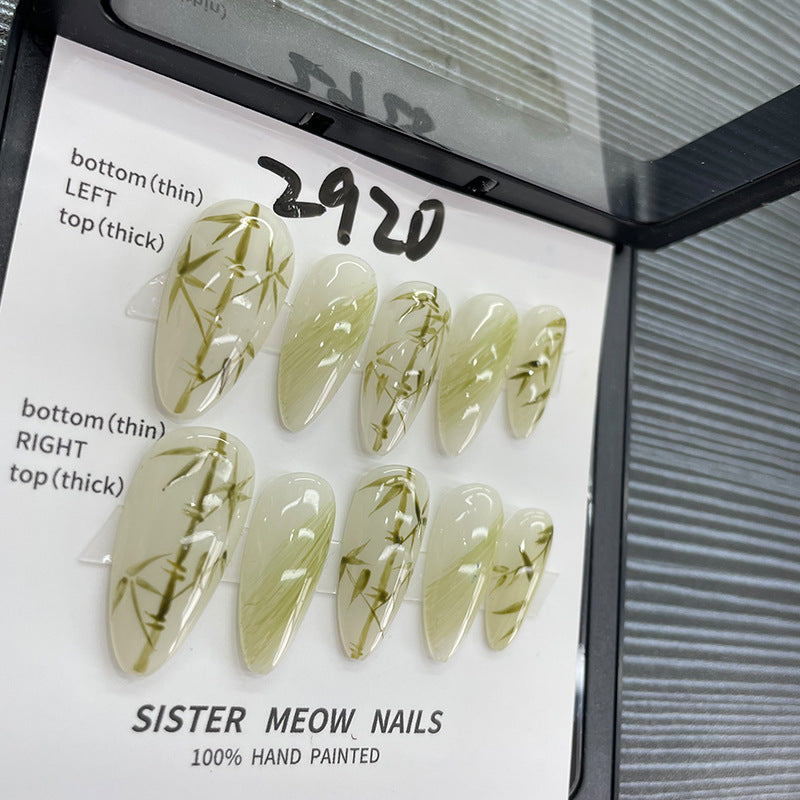 Designer: MeowMeow.Handmade Nail Designs Press on Nails DIY  Nail Art for woman girl Almond Long green