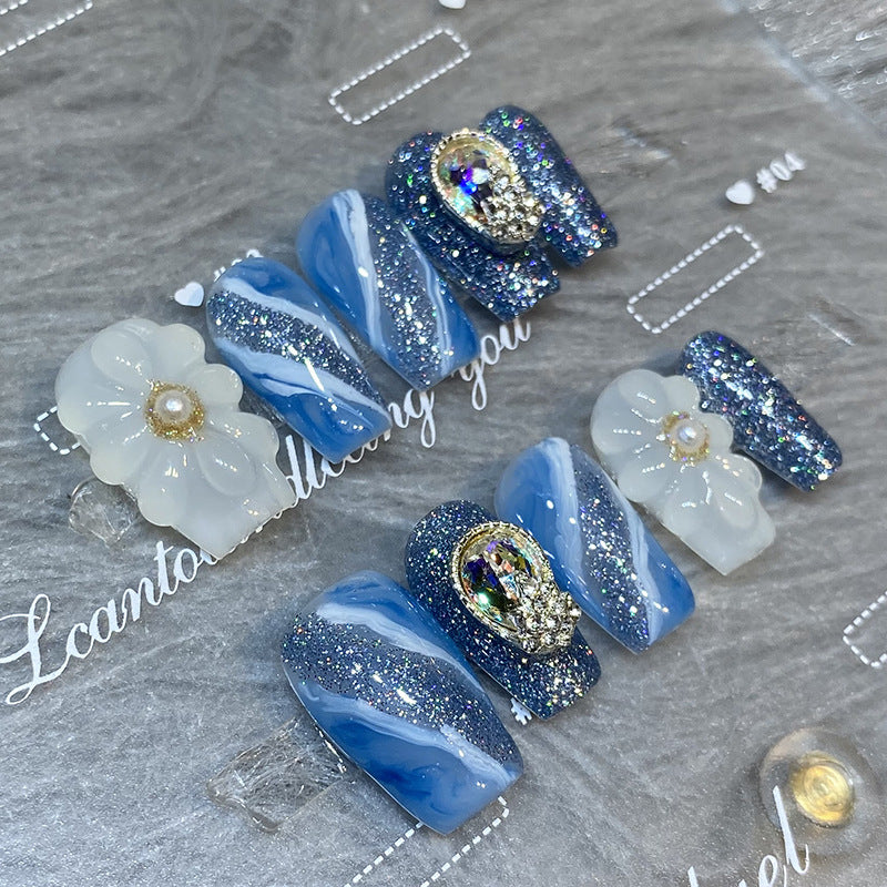 Designer: HuaHua.Handmade nails Press on Nails DIY Nail Art for woman girl Long Coffin blue
