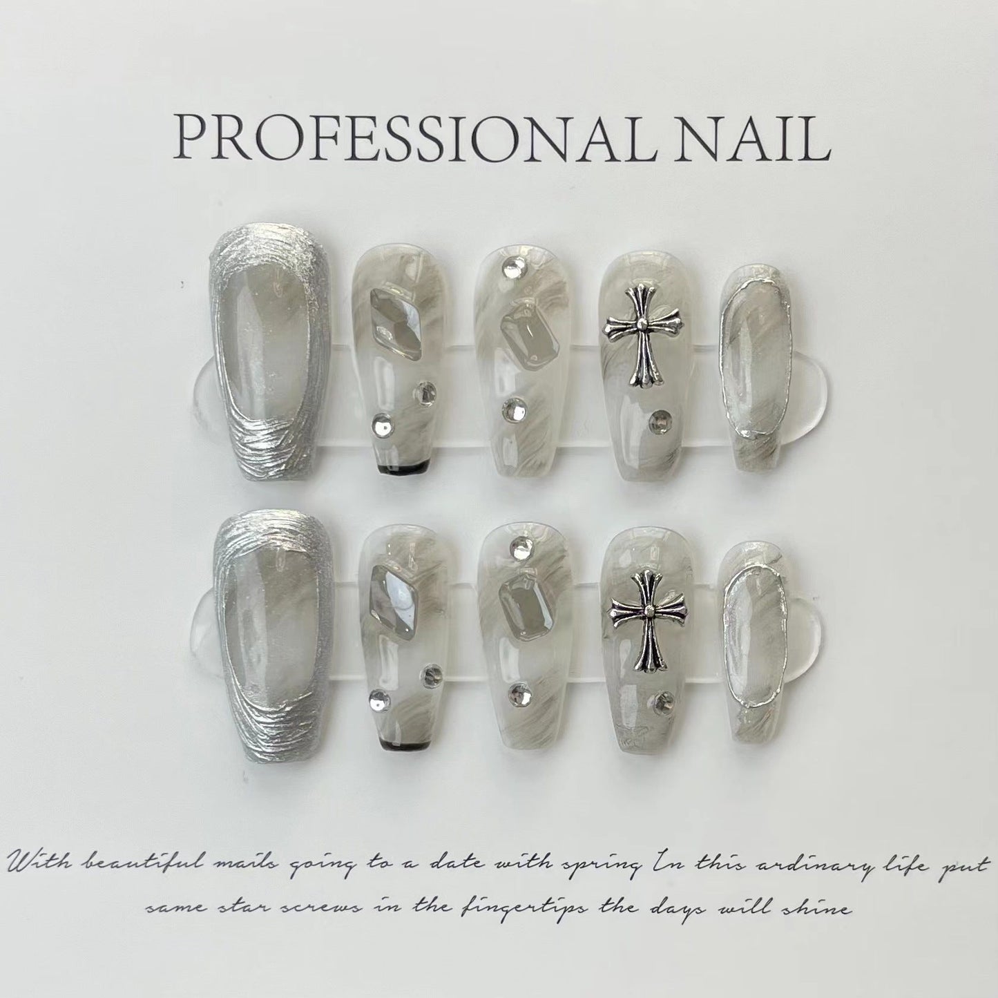 Designer: ManMan Handmade nails Press on Nails DIY Nail Art for woman girl Long Coffin gray