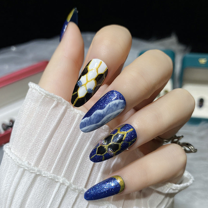 Designer: HuaHua.Handmade nails Press on Nails DIY Nail Art for woman girl Almond Long blue