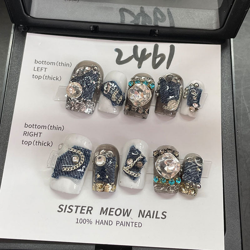 Designer: MeowMeow.Handmade Nail Designs Press on Nails DIY  Nail Art for woman girl Long Square black