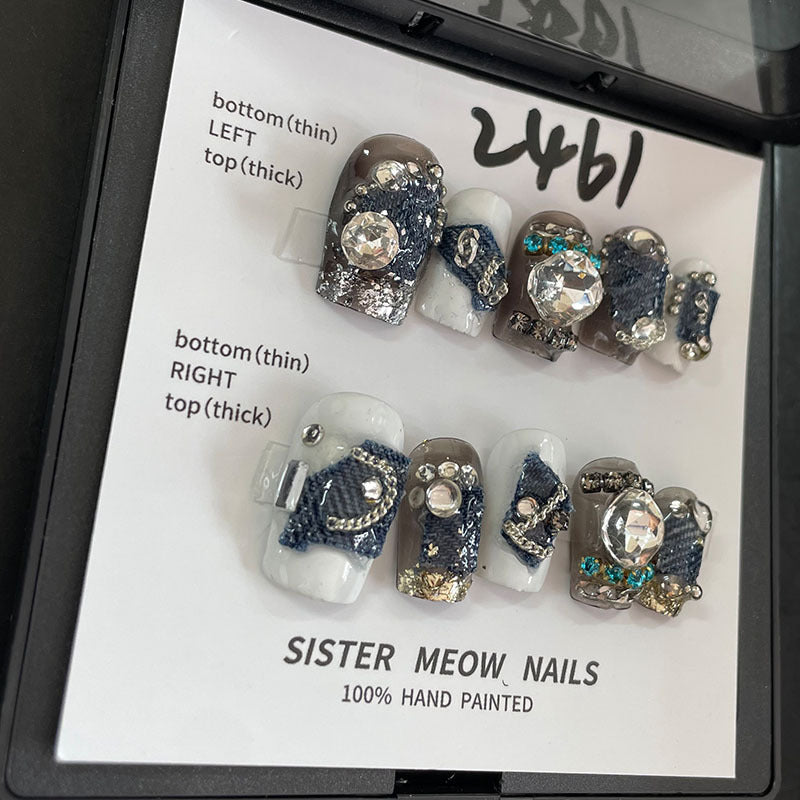 Designer: MeowMeow.Handmade Nail Designs Press on Nails DIY  Nail Art for woman girl Long Square black