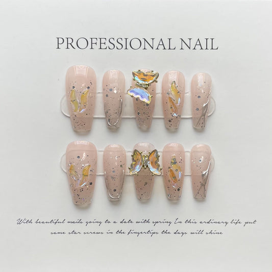 Designer: ManMan Handmade nails Press on Nails DIY Nail Art for woman girl Long Coffin pink