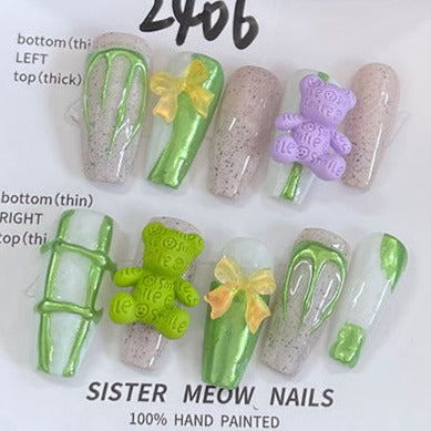 Designer: MeowMeow.Handmade Nail Designs Press on Nails DIY  Nail Art for woman girl Long Coffin green  Cartoon