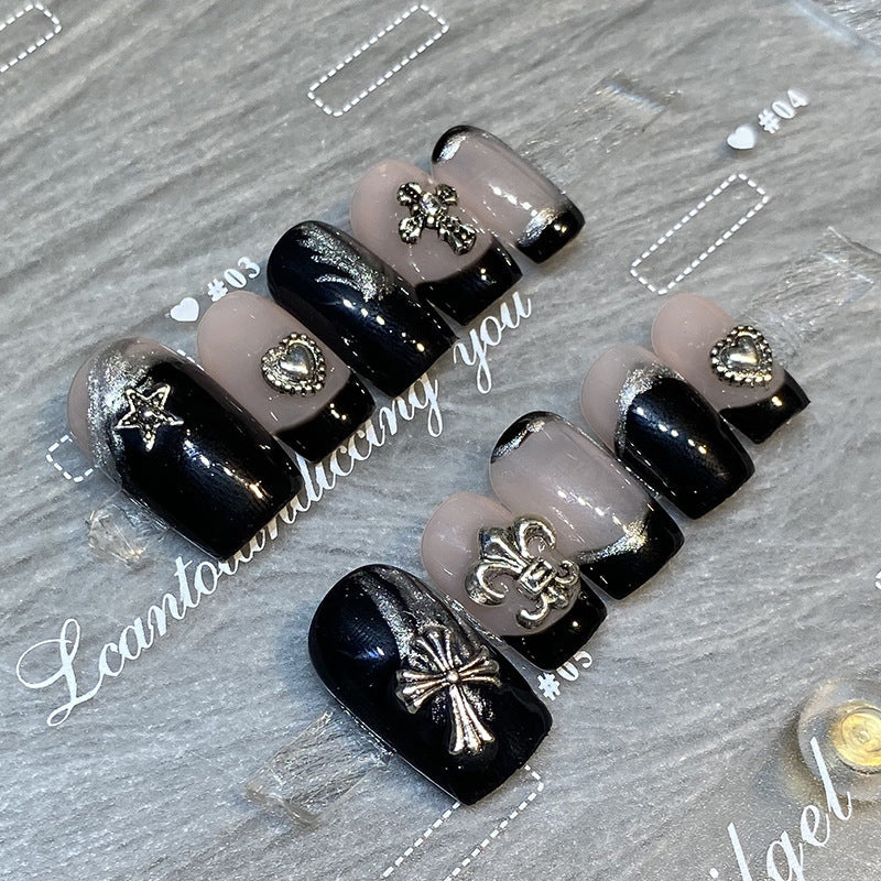Designer: HuaHua.Handmade nails Press on Nails DIY Nail Art for woman girl Long Square pink black