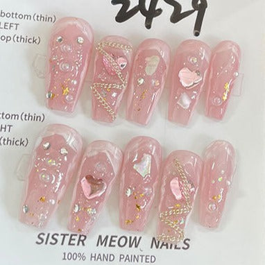 Designer: MeowMeow.Handmade Nail Designs Press on Nails DIY  Nail Art for woman girl Long Coffin pink