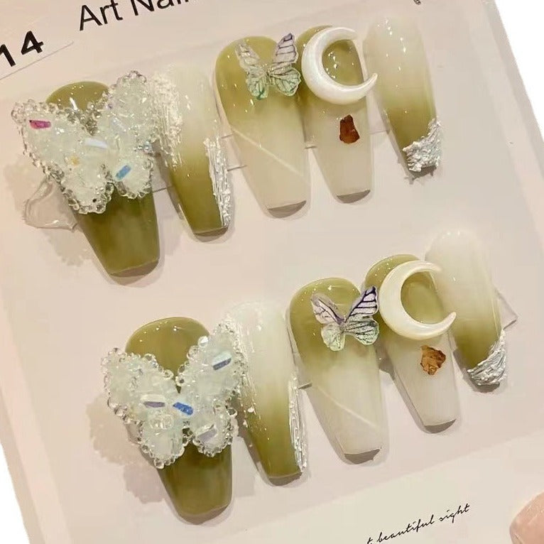 Designer: ManMan Handmade nails Press on Nails DIY Nail Art for woman girl Long Coffin green