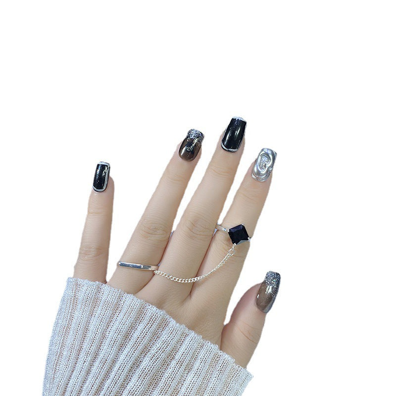 Designer: HuaHua.Handmade nails Press on Nails DIY Nail Art for woman girl Long Square black