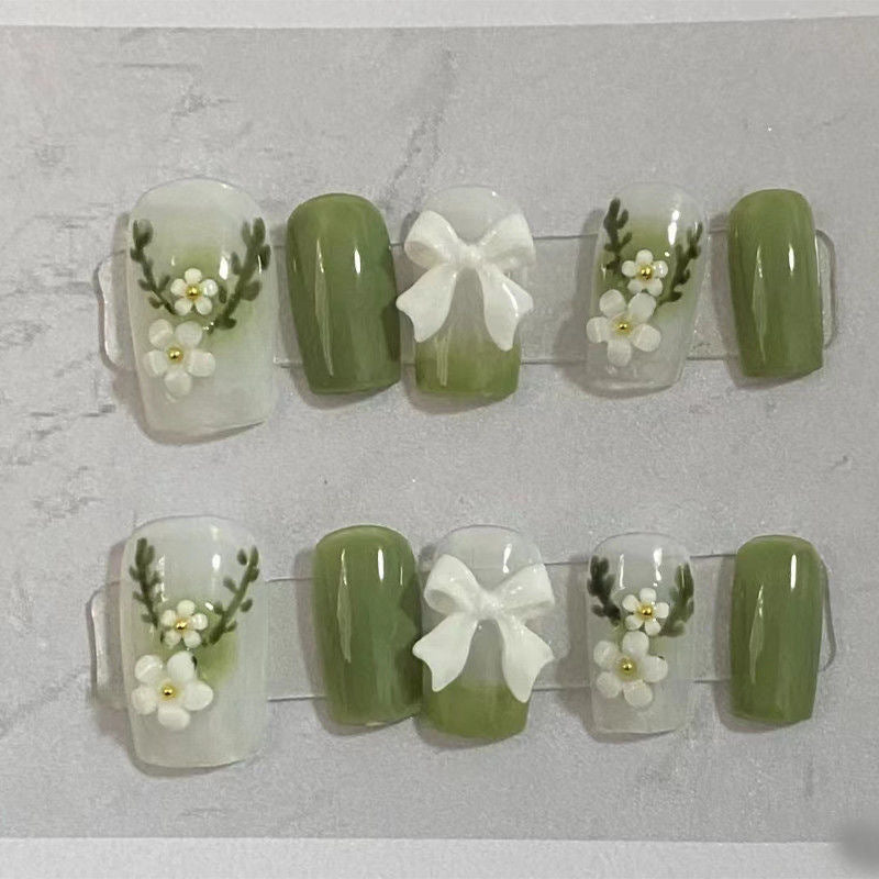 Designer: MeowMeow.Handmade Nail Designs Press on Nails DIY  Nail Art for woman girl Long Square green