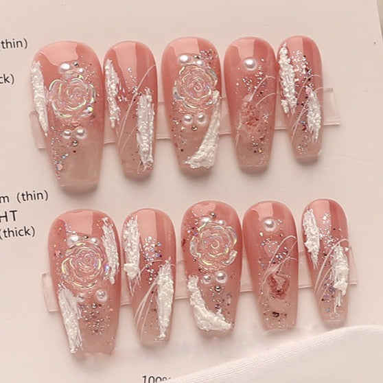 Designer: MeowMeow.Handmade Nail Designs Press on Nails DIY  Nail Art for woman girl Long Coffin pink
