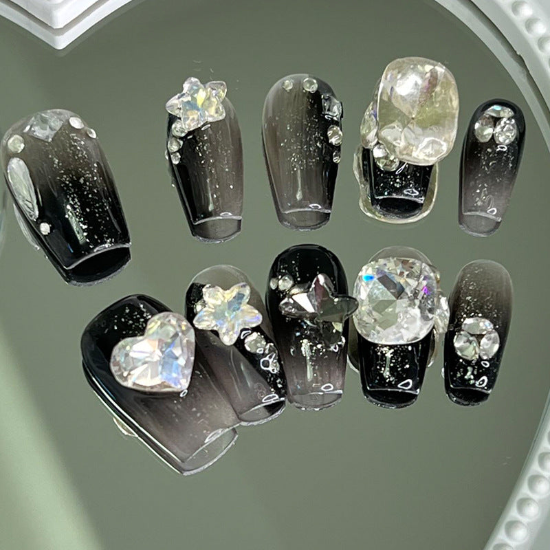 Designer: MeowMeow.Handmade Nail Designs Press on Nails DIY  Nail Art for woman girl Long Coffin black  rhinestone