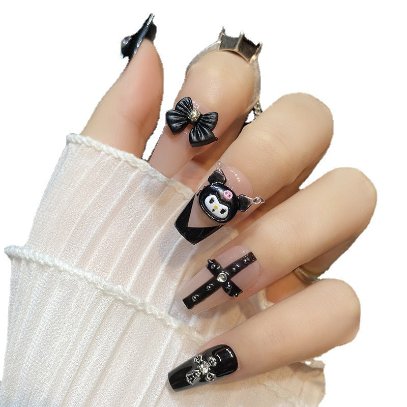 Designer: HuaHua.Handmade nails Press on Nails DIY Nail Art for woman girl Long Coffin pink Cartoon black