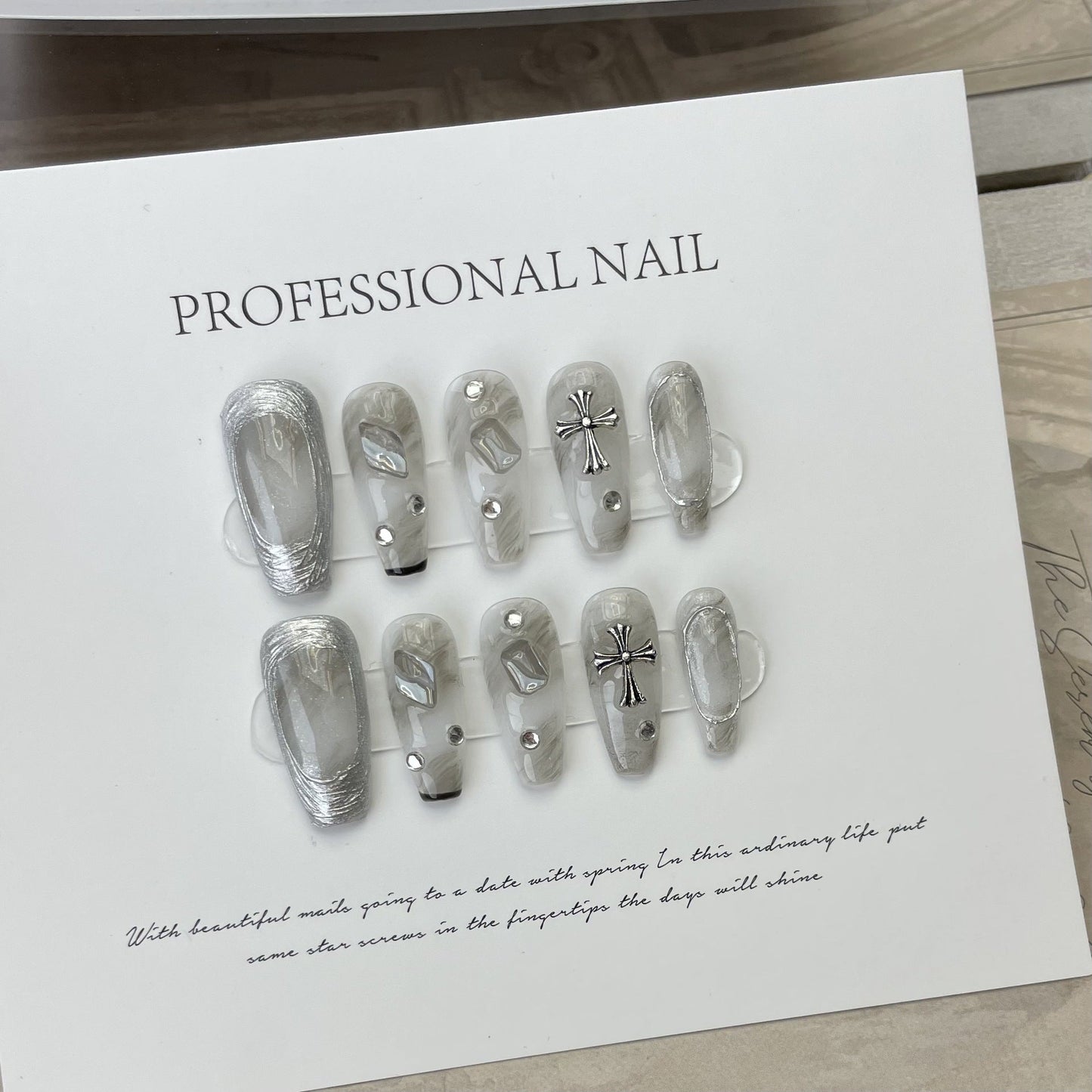 Designer: ManMan Handmade nails Press on Nails DIY Nail Art for woman girl Long Coffin gray