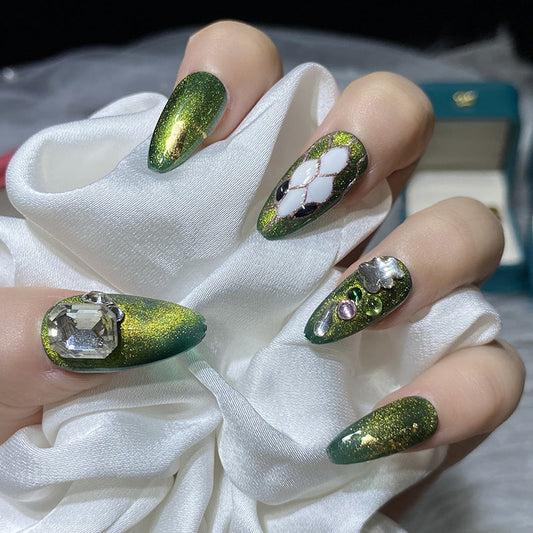 Designer: HuaHua.Handmade nails Press on Nails DIY Nail Art for woman girl Almond Long green