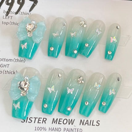 Designer: MeowMeow.Handmade Nail Designs Press on Nails DIY  Nail Art for woman girl Long Coffin blue green