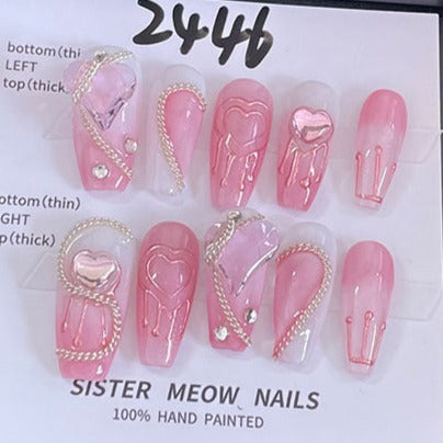 Designer: MeowMeow.Handmade Nail Designs Press on Nails DIY  Nail Art for woman girl  Long Coffin pink