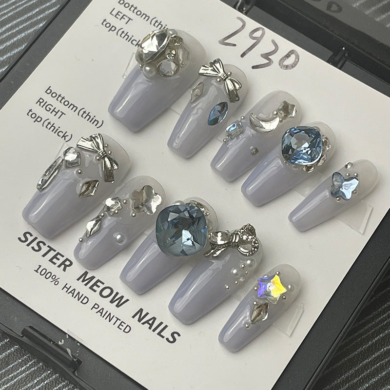 Designer: MeowMeow.Handmade Nail Designs Press on Nails DIY  Nail Art for woman girl  Long Coffin  gray rhinestone