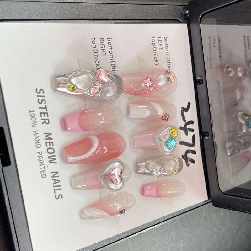 Designer: MeowMeow.Handmade Nail Designs Press on Nails DIY  Nail Art for woman girl Long Coffin pink