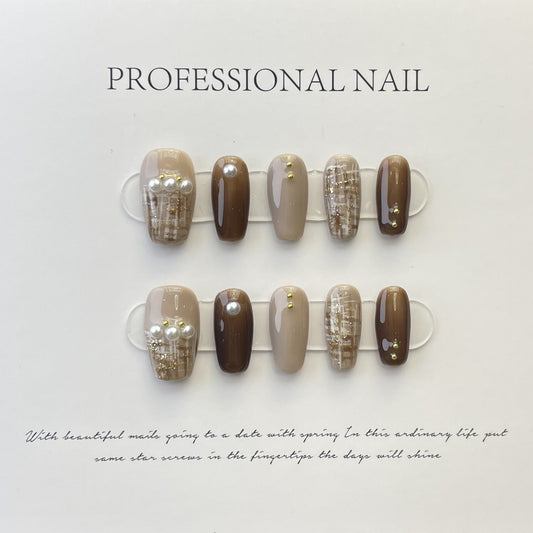 Designer: ManMan Handmade nails Press on Nails DIY Nail Art for woman girl Long Coffin brown