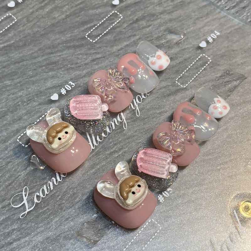 Designer: HuaHua.Handmade nails Press on Nails DIY Nail Art for woman girl Short Square pink