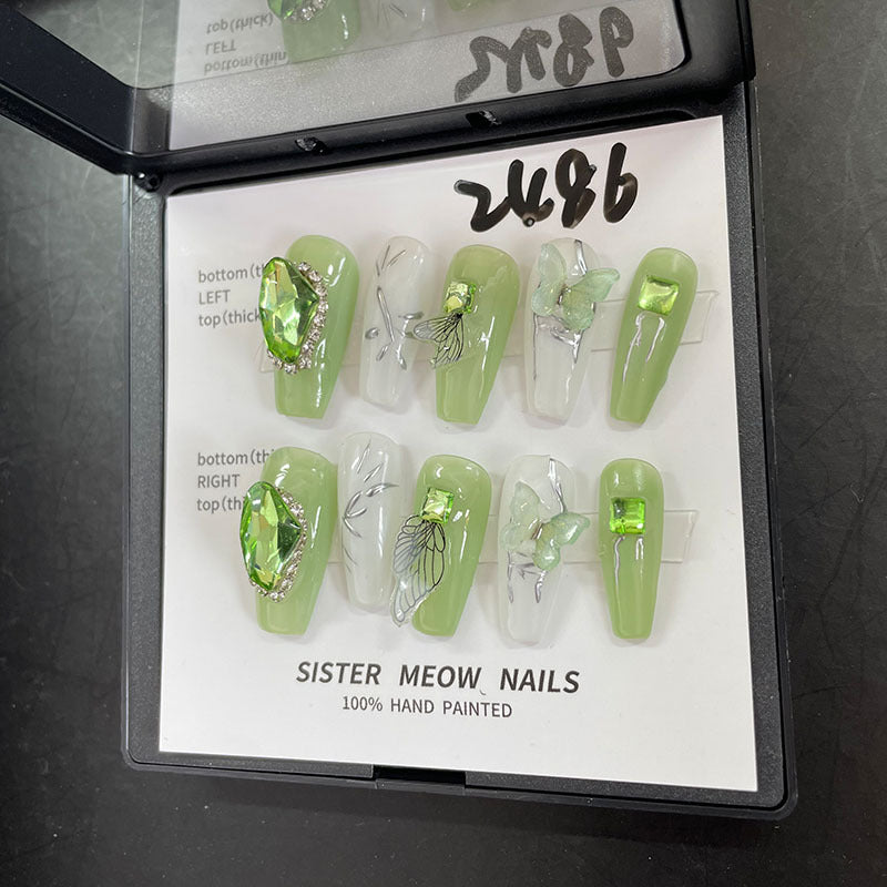 Designer: MeowMeow.Handmade Nail Designs Press on Nails DIY  Nail Art for woman girl Long Coffin green