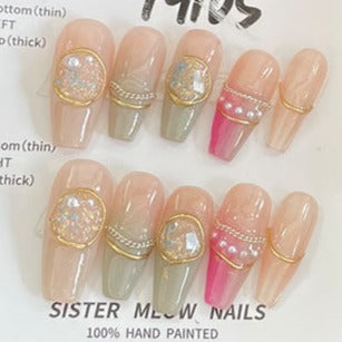 Designer: MeowMeow.Handmade Nail Designs Press on Nails DIY  Nail Art for woman girl Long Coffin pink