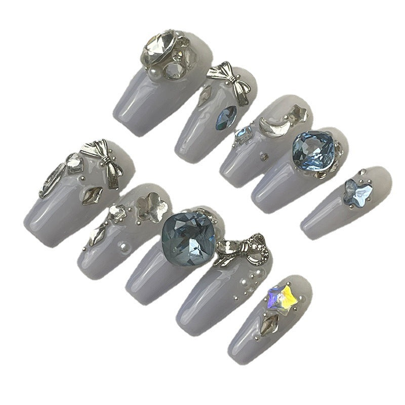 Designer: MeowMeow.Handmade Nail Designs Press on Nails DIY  Nail Art for woman girl  Long Coffin  gray rhinestone