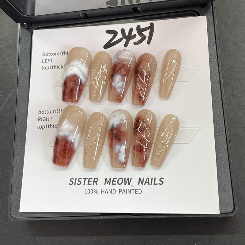 Designer: MeowMeow.Handmade Nail Designs Press on Nails DIY  Nail Art for woman girl Long Coffin brown