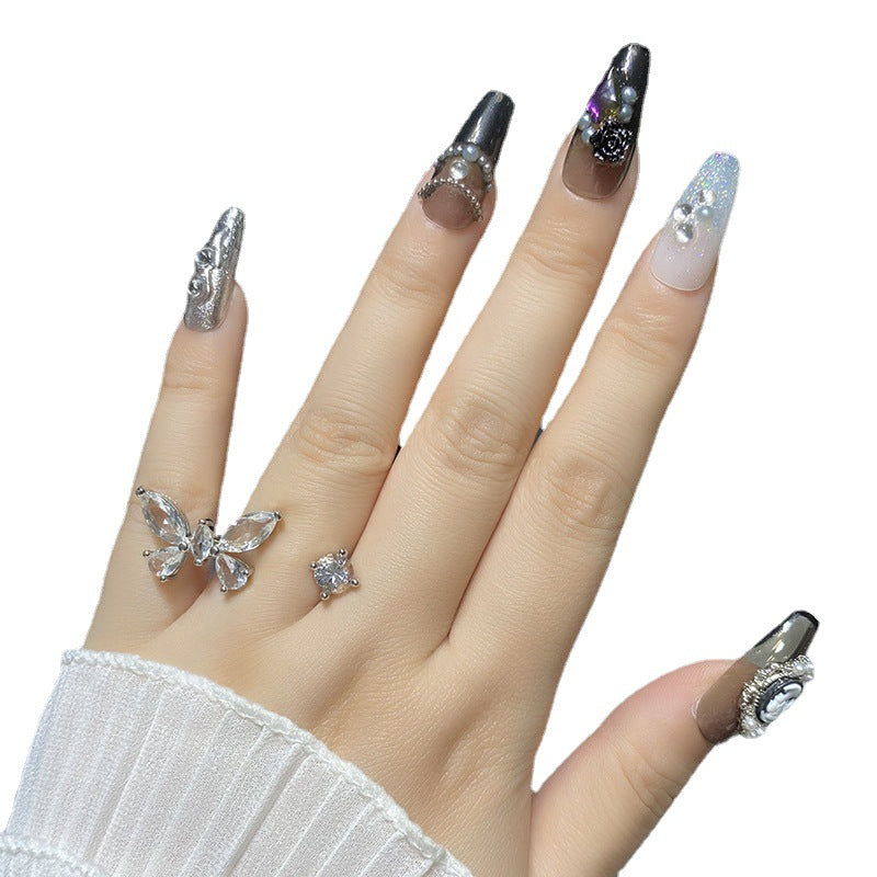 Designer: HuaHua.Handmade nails Press on Nails DIY Nail Art for woman girl Long Coffin gray