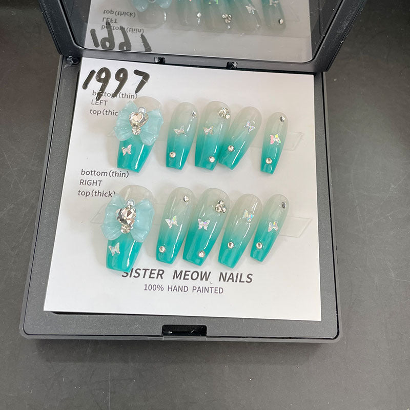 Designer: MeowMeow.Handmade Nail Designs Press on Nails DIY  Nail Art for woman girl Long Coffin blue green