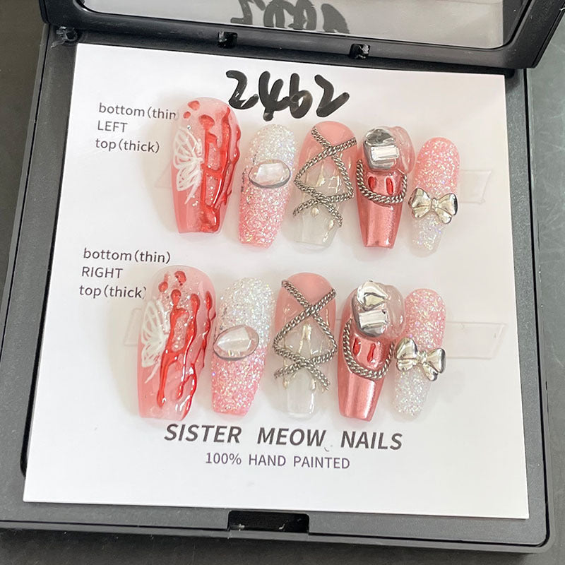 Designer: MeowMeow.Handmade Nail Designs Press on Nails DIY  Nail Art for woman girl Long Coffin pink