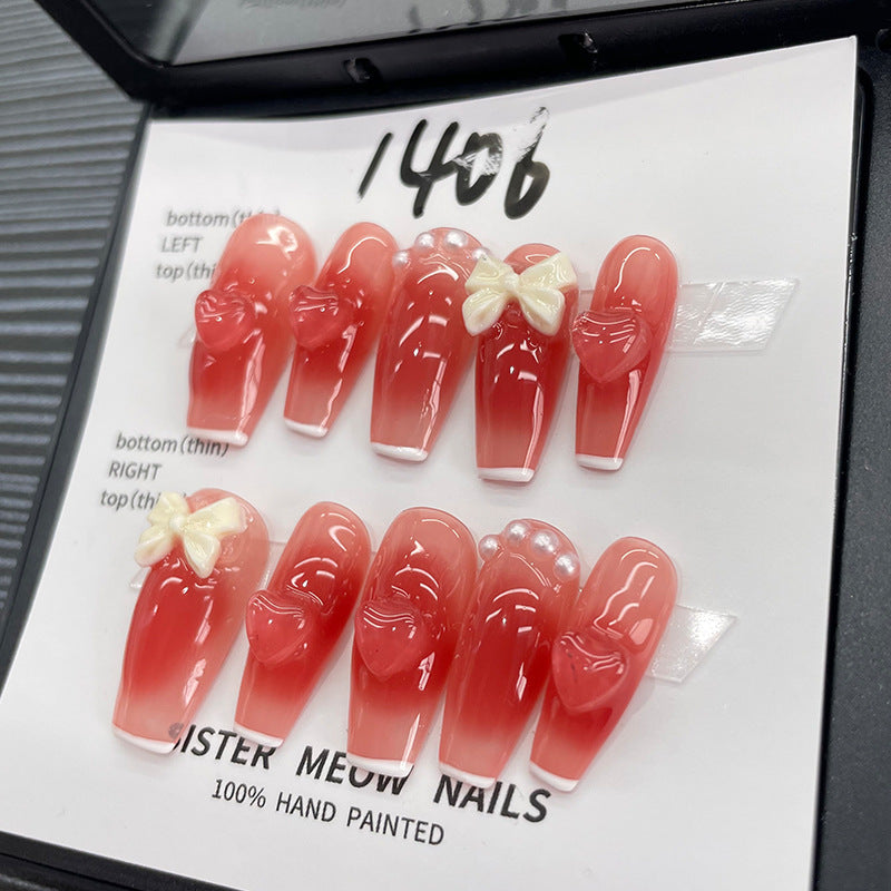 Designer: MeowMeow.Handmade Nail Designs Press on Nails DIY  Nail Art for woman girl Long Coffin pink red
