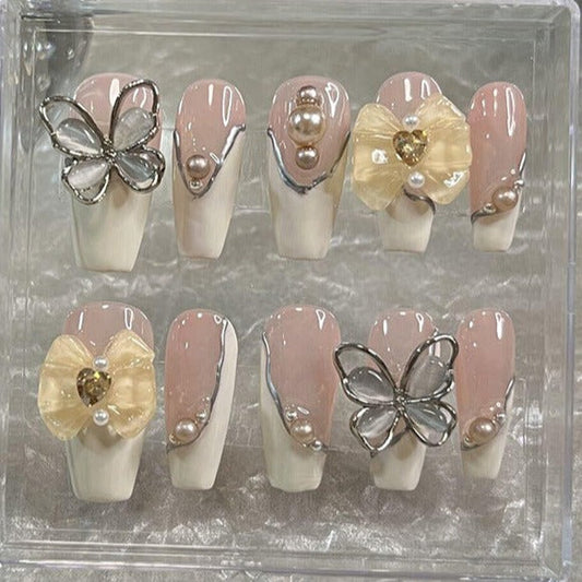 Designer: MeowMeow.Handmade Nail Designs Press on Nails DIY  Nail Art for woman girl Long Coffin pink